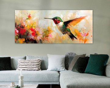 Iriserende kolibrie voor bloeiende kleuren van Poster Art Shop