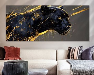 Zwart met gouden panter in beweging van Poster Art Shop