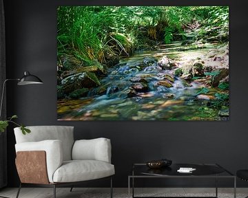 Kleine waterval in het bos met mos op stenen