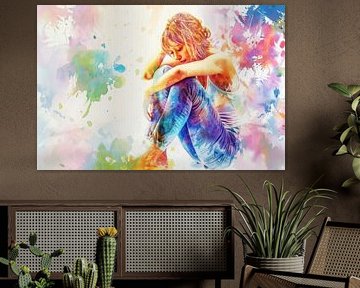 Watercolour painting of a beautiful young woman in an abstract background -  by Peter Pen Drawings and Paintings