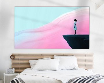 Frau auf Klippe vor rosa Landschaft von Frank Heinz