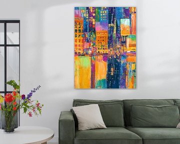 Geometrisch stadslandschap in blauw en oranje