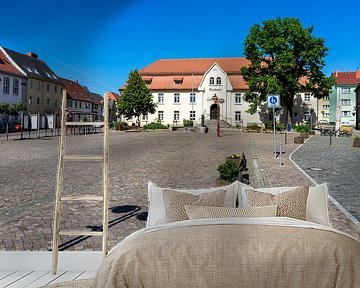 Gezicht op het oude centrum van Nienburg met stadhuis aan de rivier de Saale, Salzlandkreis in Saksen-Anhalt, Duitsland