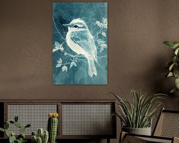 IJsblauwe Stilte Abstracte Vogel op Tak van Eva Lee