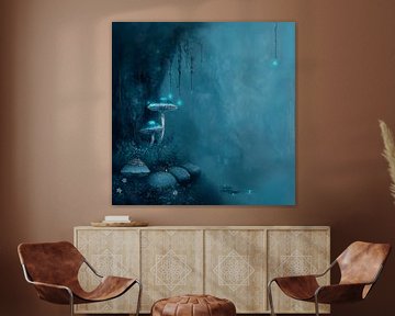 Blauwe Betoverende Paddenstoelen in een Magisch Bos van Karina Brouwer