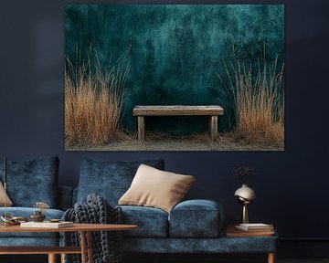 Banc rustique en bois avec des graminées sur Imperial Art House