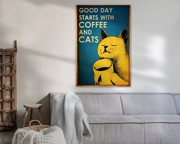 Vintage Cat genießt eine Tasse Kaffee