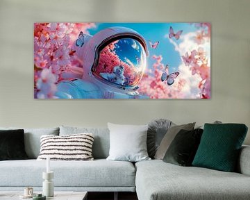 Astronaut in een bloemenzee met vlinders van Poster Art Shop