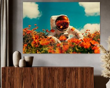 Astronaut in het bloemenveld - kleurrijk en helder van Poster Art Shop