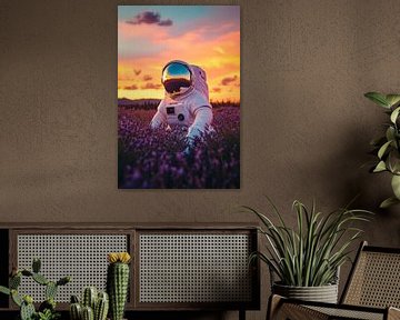 Astronaut in het lavendelveld bij zonsondergang van Poster Art Shop