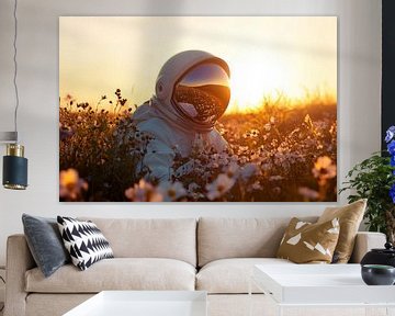 Astronaut in het bloemenveld op het gouden uur van Poster Art Shop