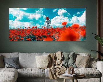 Astronaut in een klaprozenveld onder blauwe wolken van Poster Art Shop
