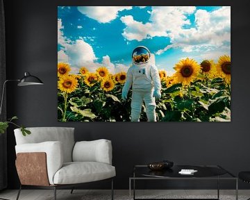 Astronaut in een veld zonnebloemen onder een blauwe hemel van Poster Art Shop