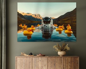 Astronaut in de vijver met eendenspeeltje van Poster Art Shop