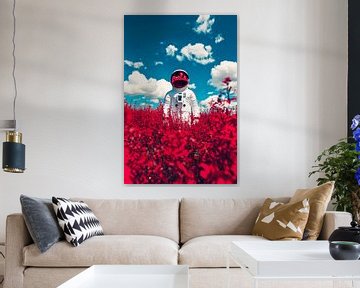 Astronaut in een rood bloemenveld - Surrealistisch van Poster Art Shop