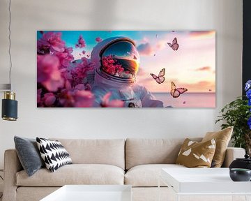 Astronaut in een bloemenzee met vlinders van Poster Art Shop
