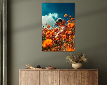 Astronaut in fel oranje bloemenveld van Poster Art Shop