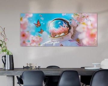 Astronaut omringd door kersenbloesems en vlinders van Poster Art Shop