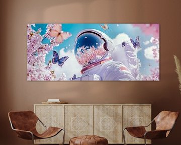 Astronaut met vlinders in een zee van bloemen van Poster Art Shop