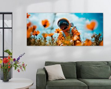 Astronaut tussen bloeiende bloemen van Poster Art Shop