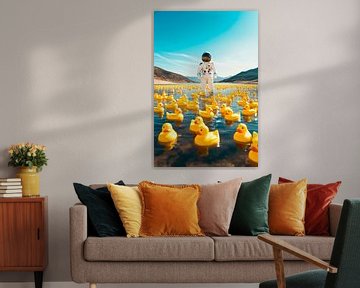 Astronaut tussen piepende eenden in het water van Poster Art Shop