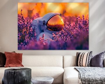Astronaut tussen paarse lavendelbloemen van Poster Art Shop