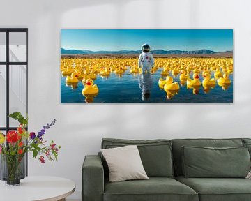 Astronaut tussen gele eenden in het water van Poster Art Shop