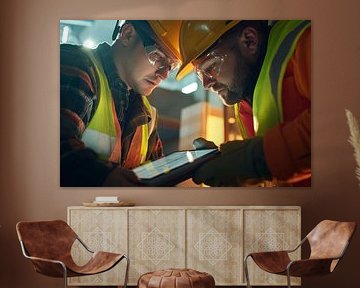 Les ouvriers du bâtiment analysent des plans numériques sur Poster Art Shop