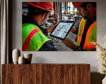 Bauleiter überprüfen Pläne auf Tablet von Poster Art Shop