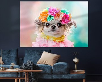Chihuahua met bloemenkrans - Vrolijk en kleurrijk van Poster Art Shop