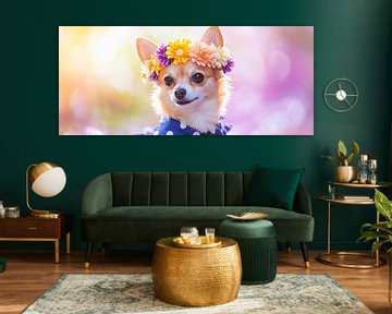 Chihuahua with wreath of flowers in the sunlight by Poster Art Shop
