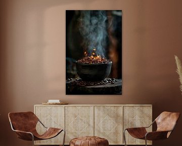 Steaming coffee beans in a black bowl by Poster Art Shop
