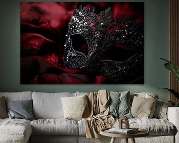 Elégant masque noir sur satin rouge sur Poster Art Shop