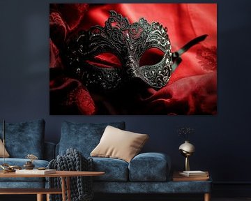 Elegant zwart masker op rood doek van Poster Art Shop