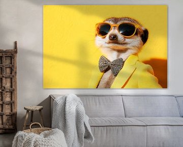 Stokstaartje in een pak tegen een gele achtergrond van Poster Art Shop