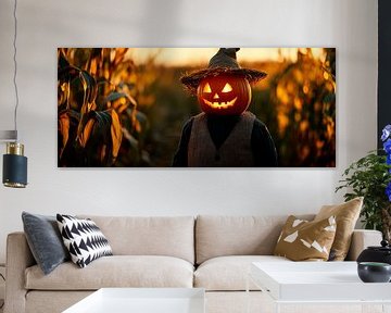 Verlichte pompoen in het korenveld bij schemering van Poster Art Shop