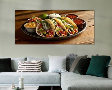 Colourful tacos with salsa and lime by Poster Art Shop