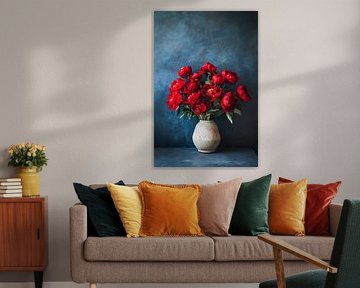Red flowers in stone vase by Imperial Art House