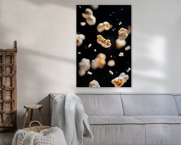 Flying popcorn kernels against a dark background by Poster Art Shop