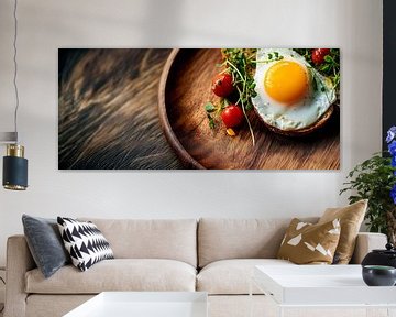 Ontbijt: gebakken ei op een houten plank van Poster Art Shop
