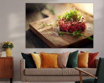 Fresh beef tartare decorated on a wooden board by Poster Art Shop