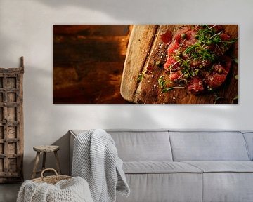 Fresh beef tartare on a wooden board by Poster Art Shop