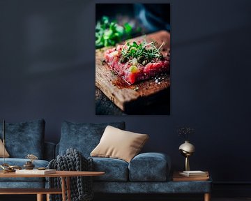 Fresh tartare on a rustic board by Poster Art Shop