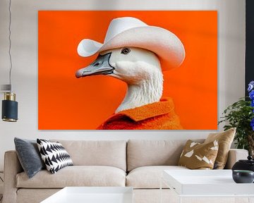 Gans met cowboyhoed op fluorescerend oranje van Poster Art Shop