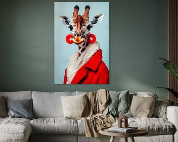 Giraffe in a red coat with earrings by Poster Art Shop