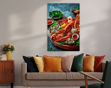 Zeevruchten voor fijnproevers op een houten schotel van Poster Art Shop