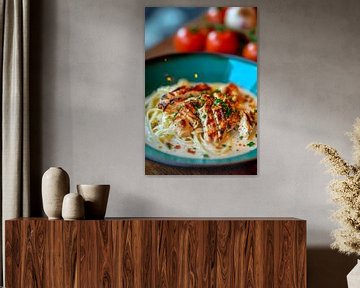 Grilling chicken on a pasta plate by Poster Art Shop