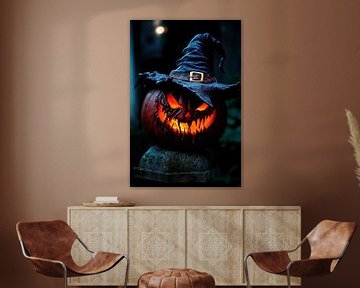 Griezelige Halloween pompoen met hoed van Poster Art Shop