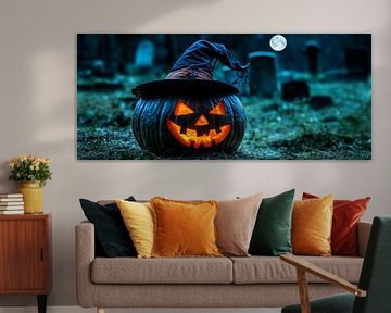 Griezelige pompoen lantaarn in het maanlicht van Poster Art Shop