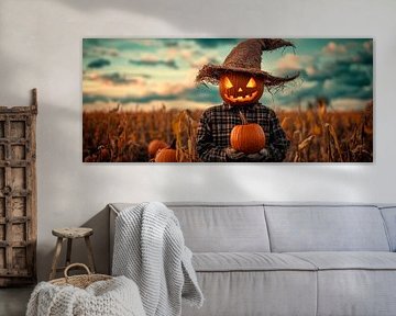 Halloween figure with pumpkin in the field by Poster Art Shop